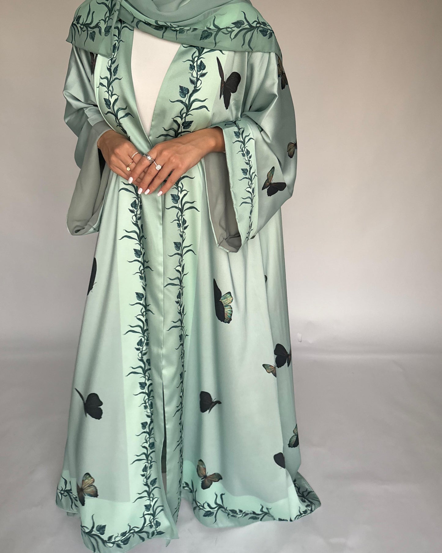 A311 - Mint Green Butterfly A-Cut Abaya (READY TO SHIP)