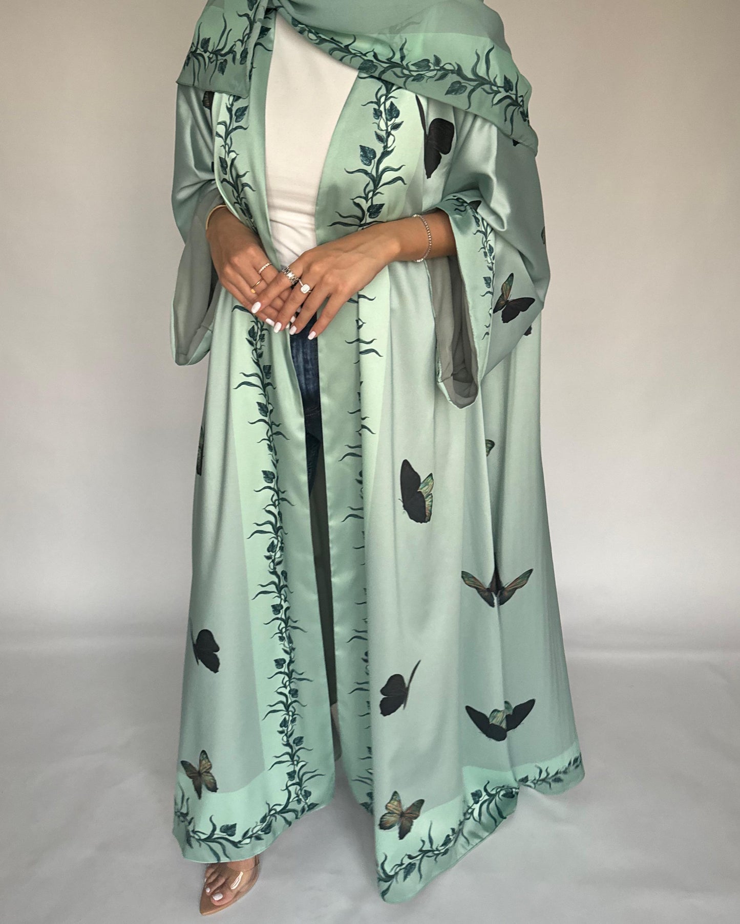 A311 - Mint Green Butterfly A-Cut Abaya (READY TO SHIP)
