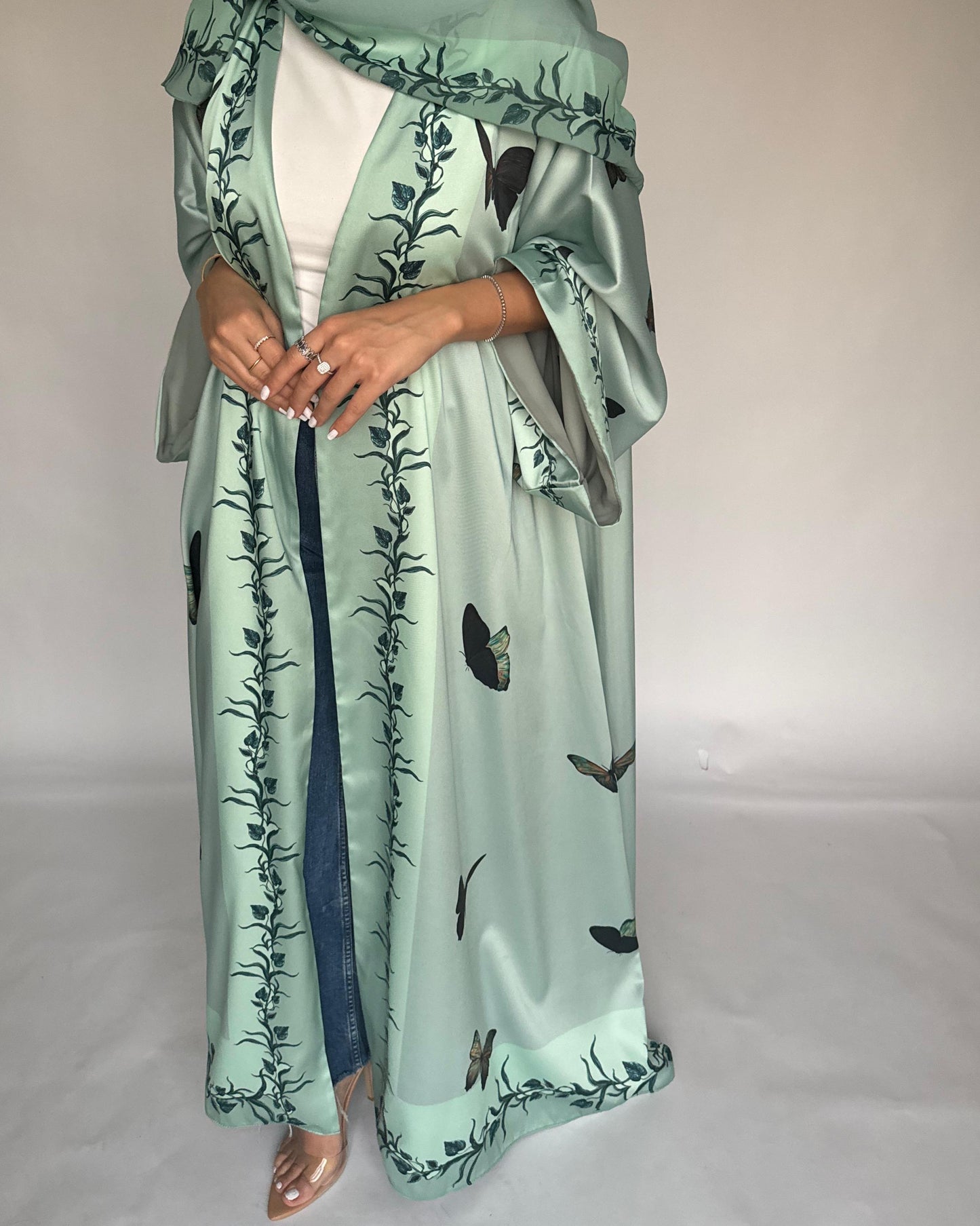 A311 - Mint Green Butterfly A-Cut Abaya (READY TO SHIP)