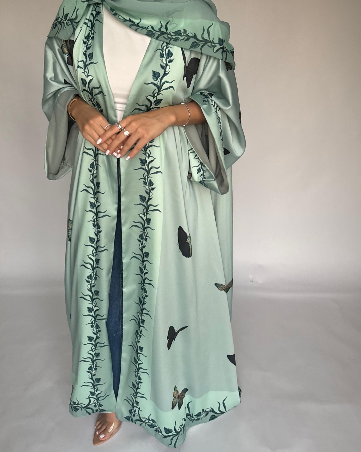 A311 - Mint Green Butterfly A-Cut Abaya (READY TO SHIP)