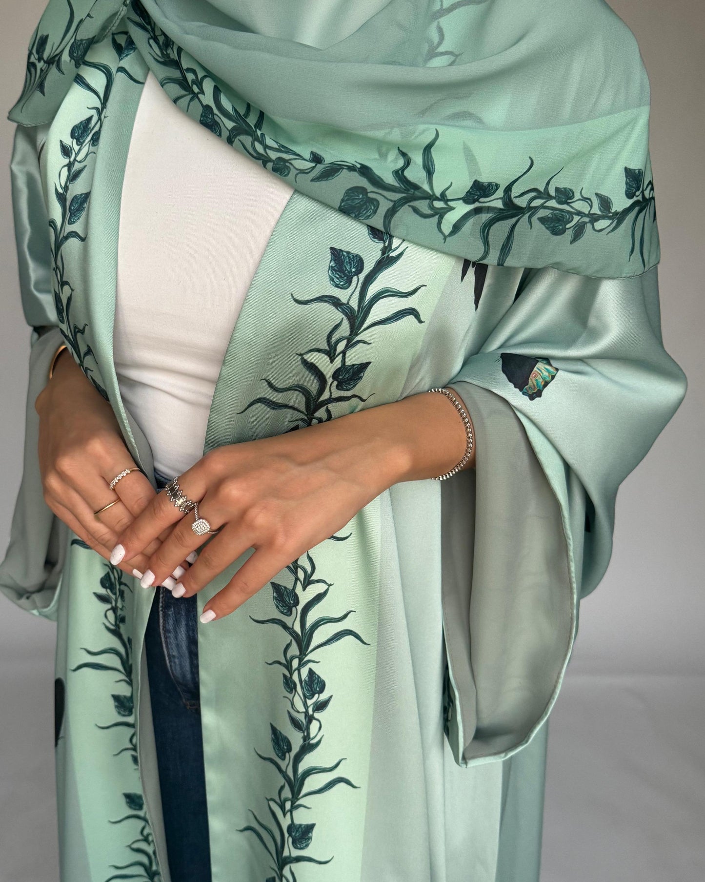 A311 - Mint Green Butterfly A-Cut Abaya (READY TO SHIP)