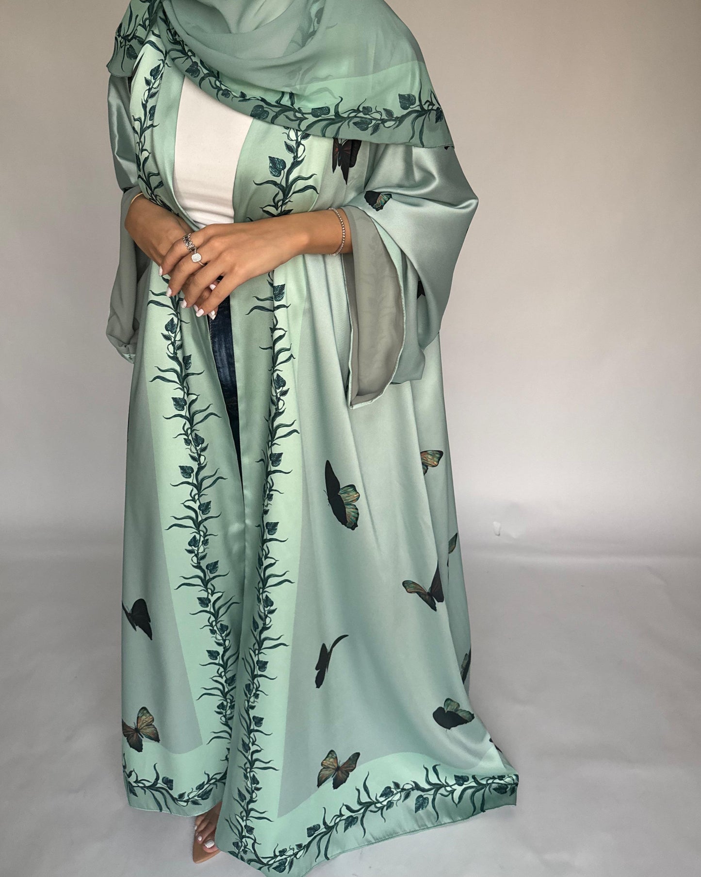 A311 - Mint Green Butterfly A-Cut Abaya (READY TO SHIP)