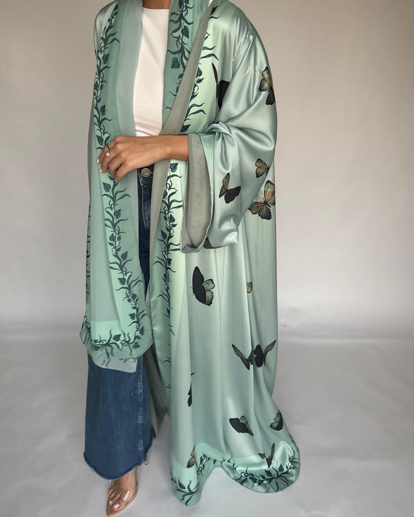 A311 - Mint Green Butterfly A-Cut Abaya (READY TO SHIP)