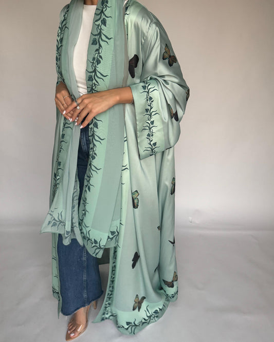 A311 - Mint Green Butterfly A-Cut Abaya (READY TO SHIP)
