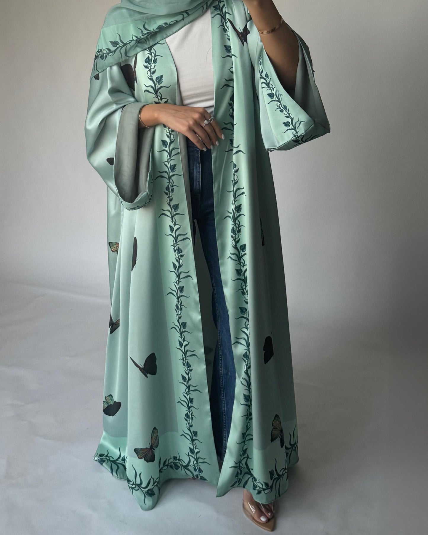 A311 - Mint Green Butterfly A-Cut Abaya (READY TO SHIP)