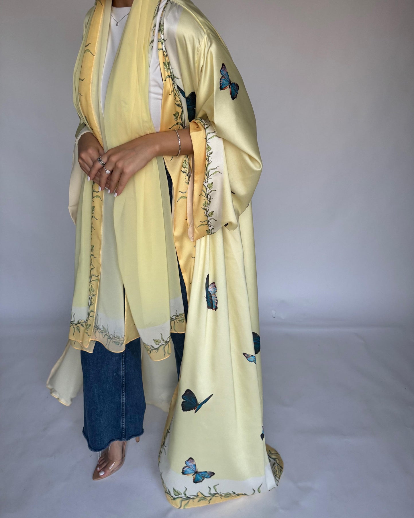 A312 - Yellow Butterfly A-Cut Abaya (READY TO SHIP)
