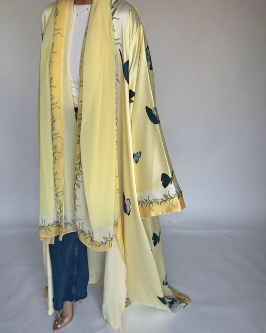 A312 - Yellow Butterfly A-Cut Abaya (READY TO SHIP)