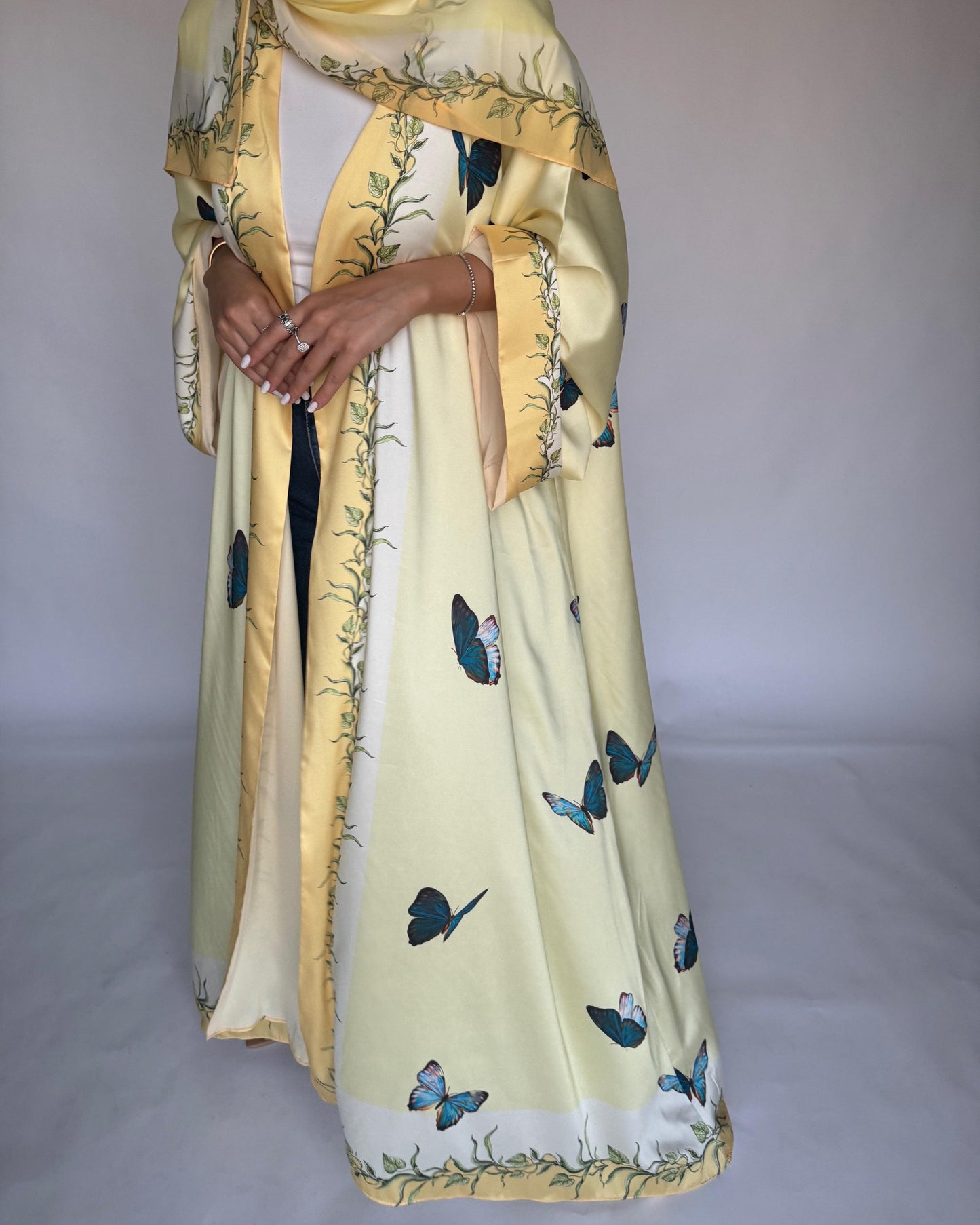 A312 - Yellow Butterfly A-Cut Abaya (READY TO SHIP)