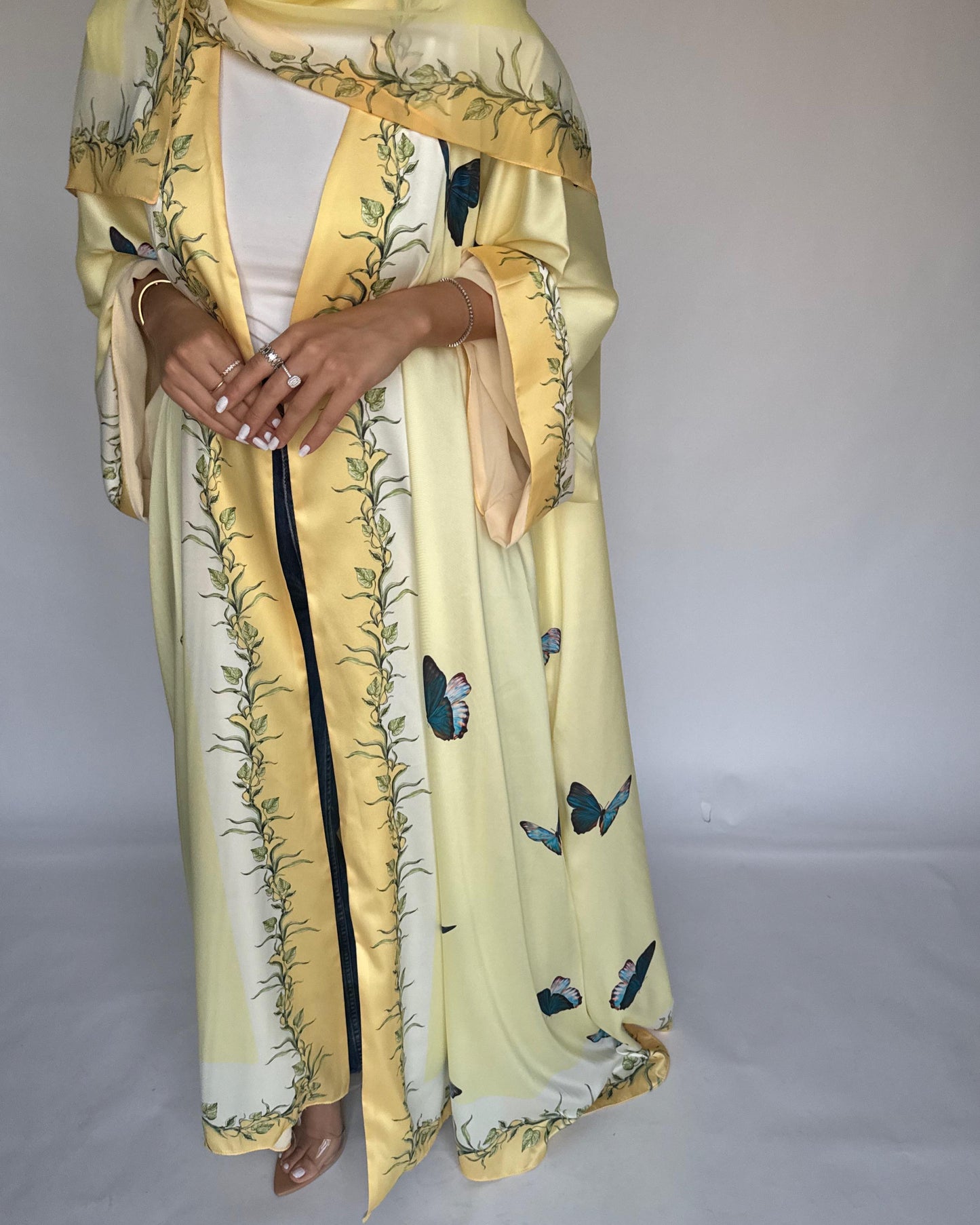 A312 - Yellow Butterfly A-Cut Abaya (READY TO SHIP)