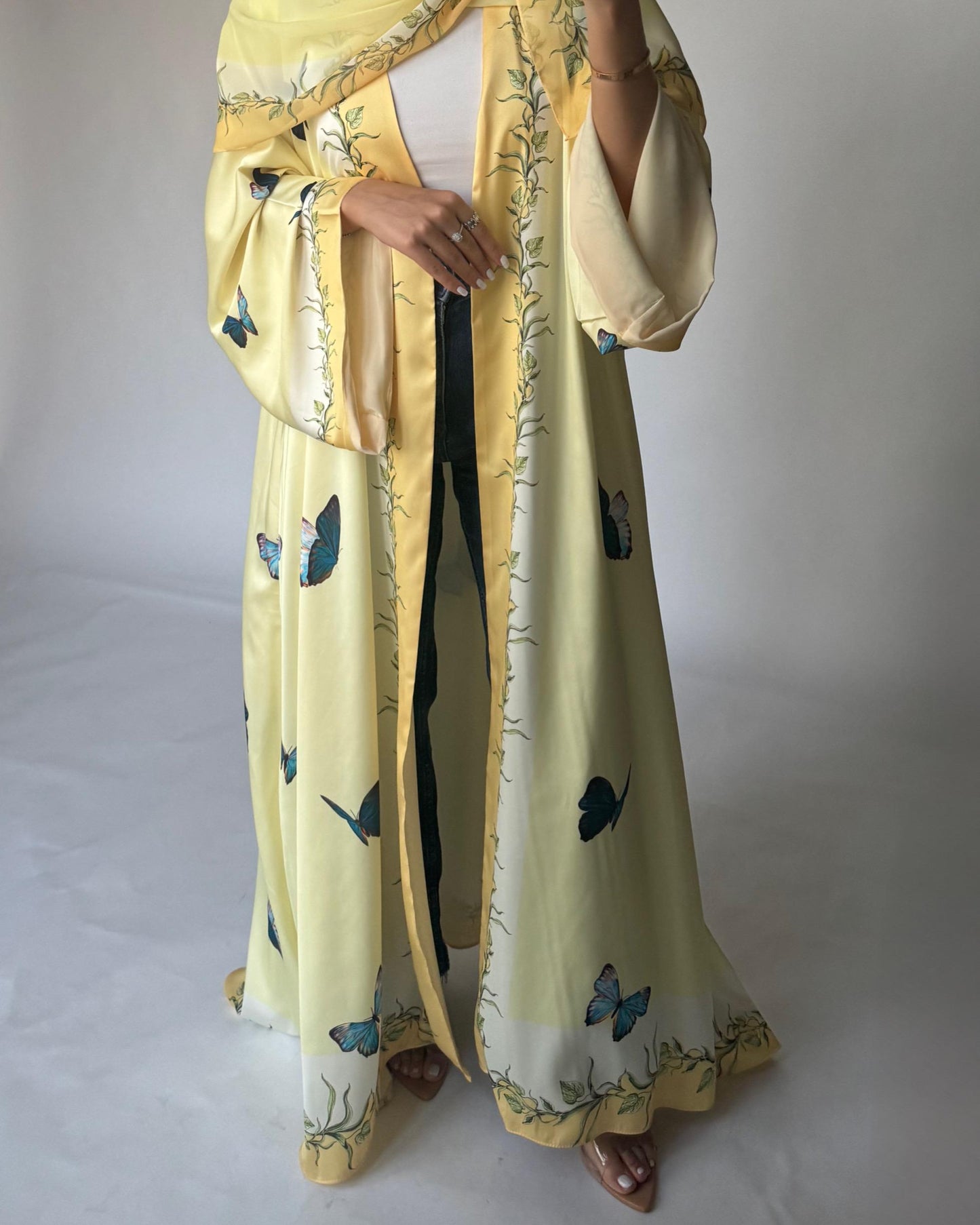 A312 - Yellow Butterfly A-Cut Abaya (READY TO SHIP)