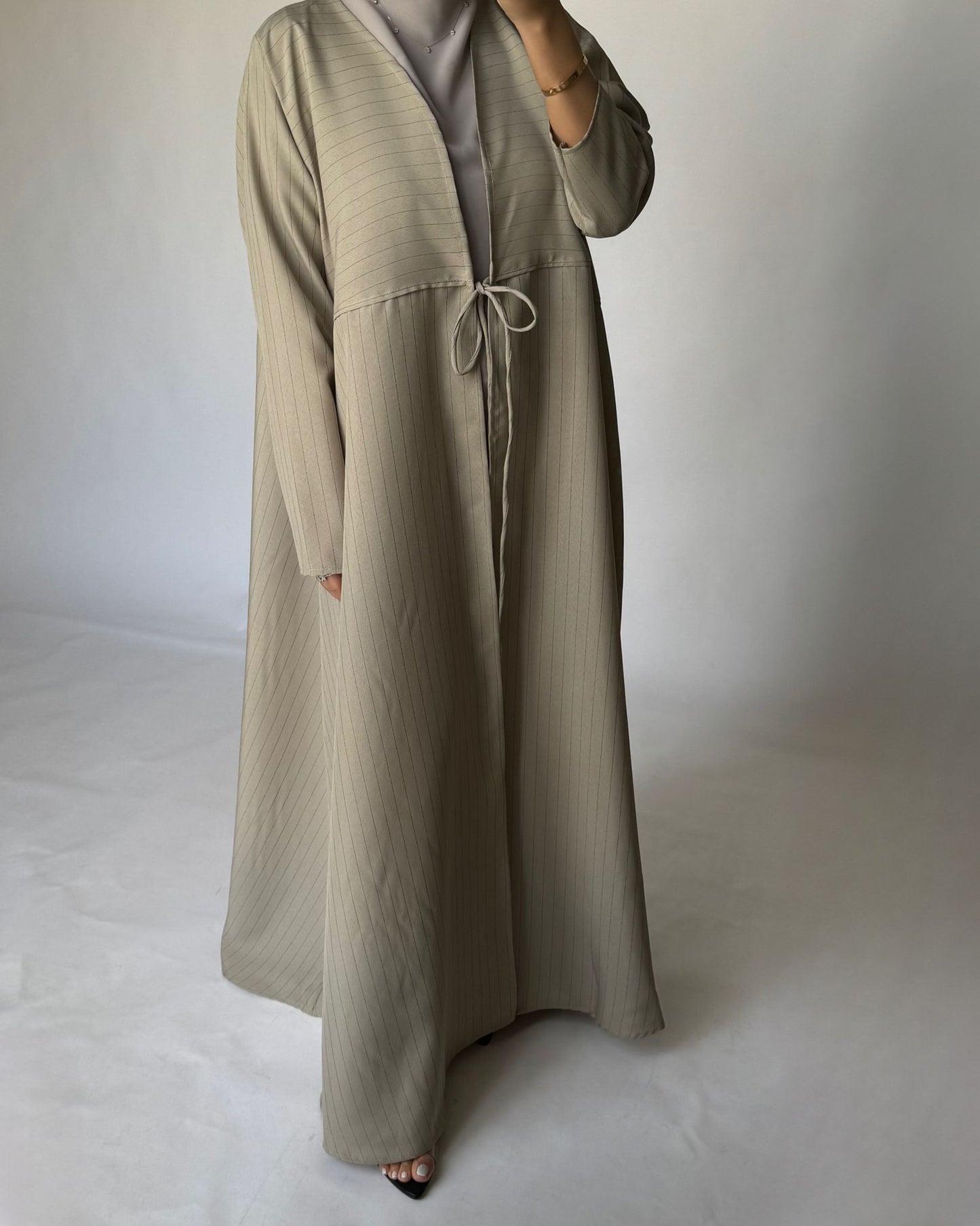 A317 - Striped Beige Daily Abaya, Dress & Head Scarf (READY TO SHIP)