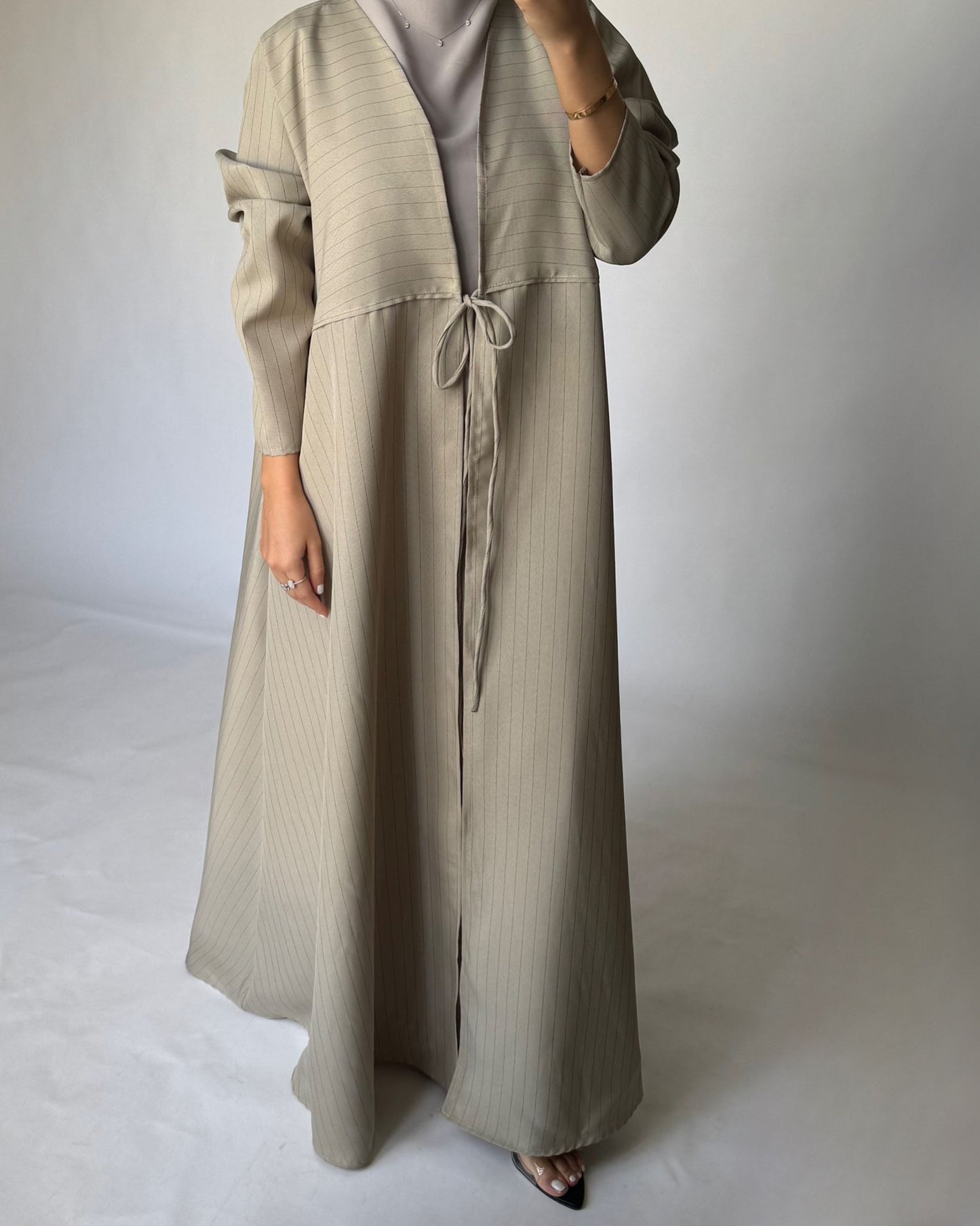 A317 - Striped Beige Daily Abaya, Dress & Head Scarf (READY TO SHIP)