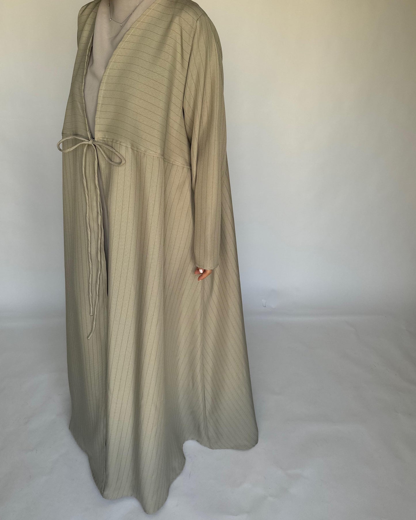 A317 - Striped Beige Daily Abaya, Dress & Head Scarf (READY TO SHIP)