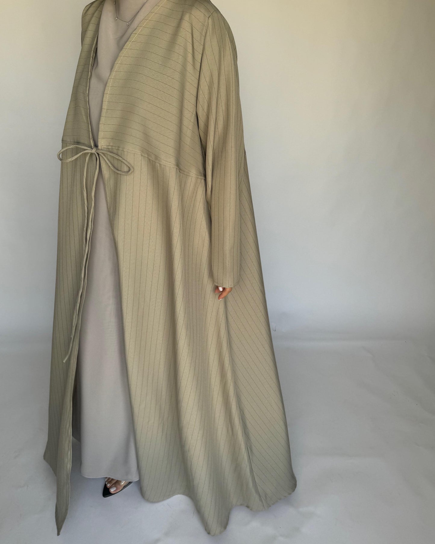 A317 - Striped Beige Daily Abaya, Dress & Head Scarf (READY TO SHIP)