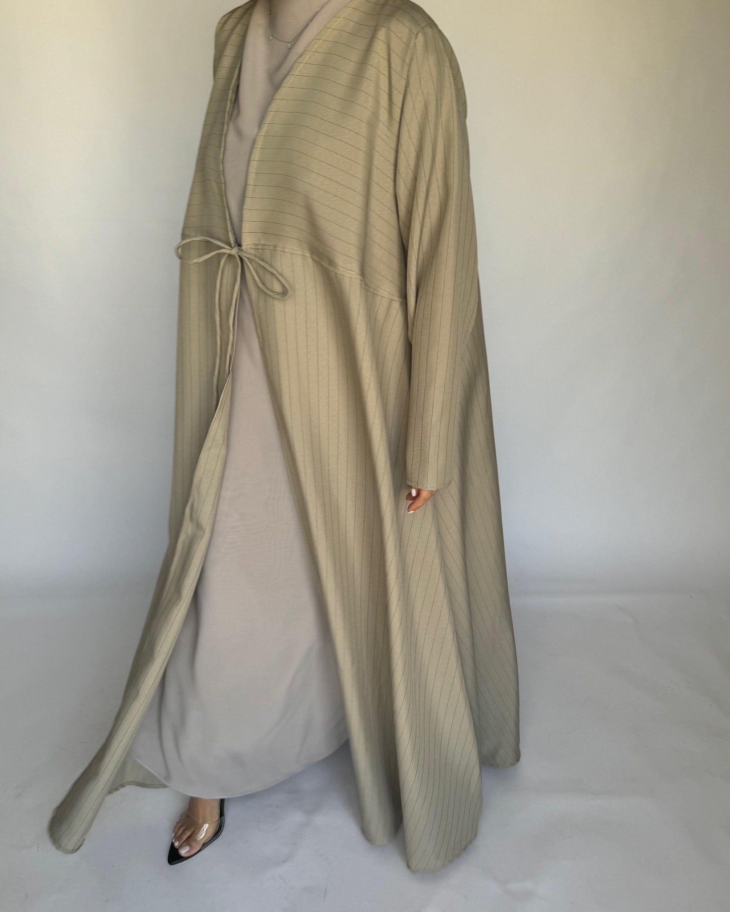 A317 - Striped Beige Daily Abaya, Dress & Head Scarf (READY TO SHIP)