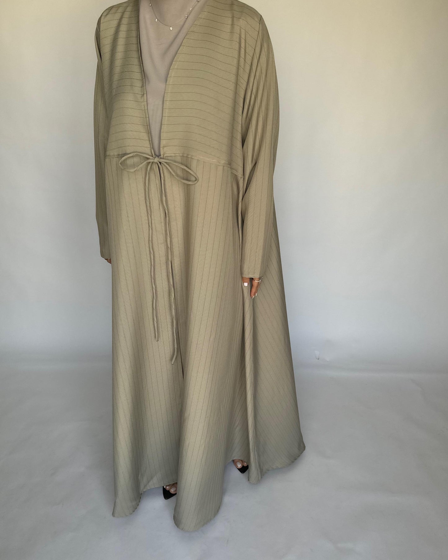 A317 - Striped Beige Daily Abaya, Dress & Head Scarf (READY TO SHIP)