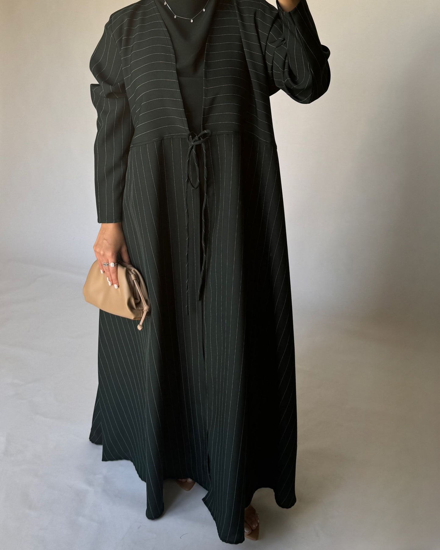 A319 - Striped Forest Green Daily Abaya, Dress & Head Scarf (READY TO SHIP)