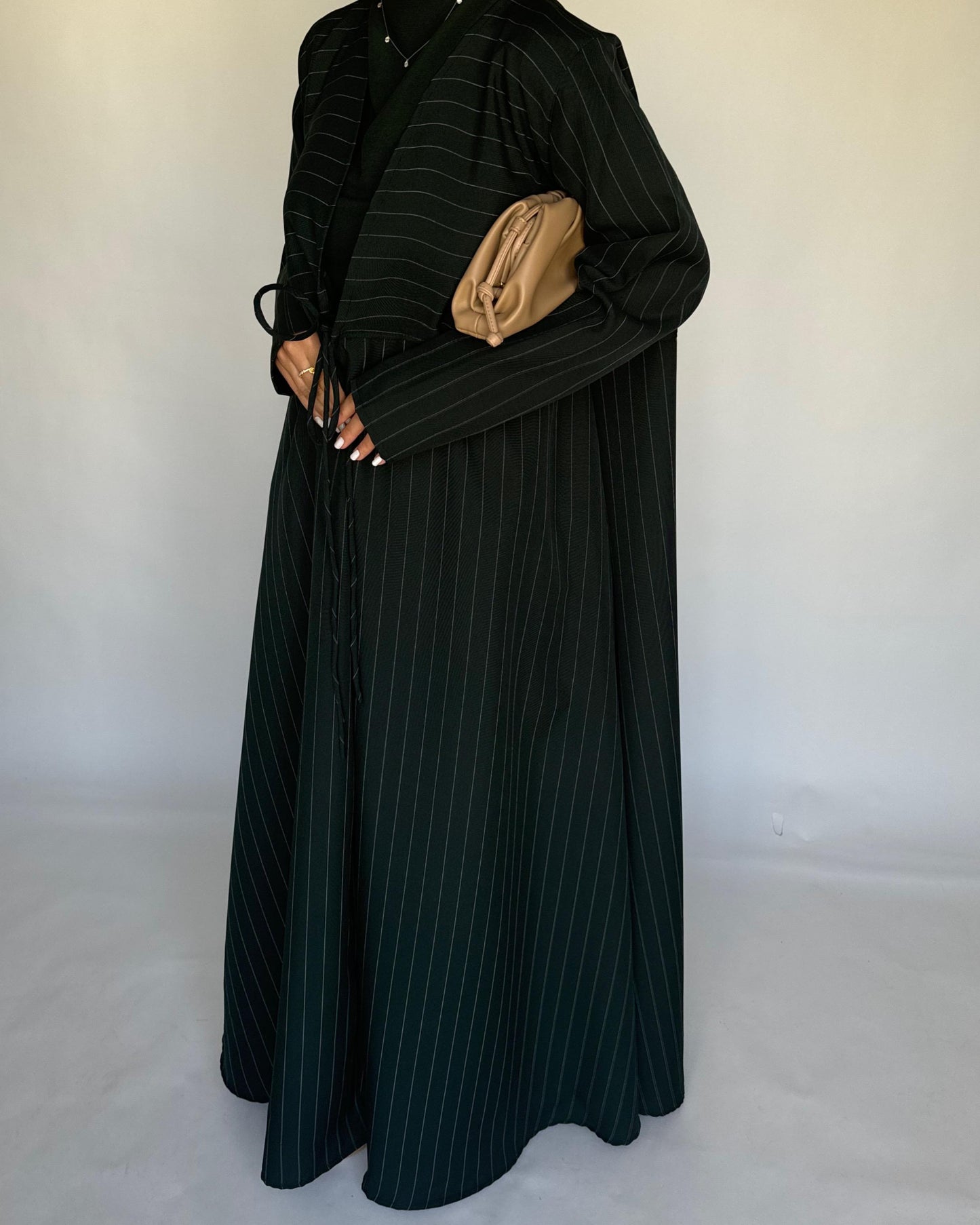 A319 - Striped Forest Green Daily Abaya, Dress & Head Scarf (READY TO SHIP)