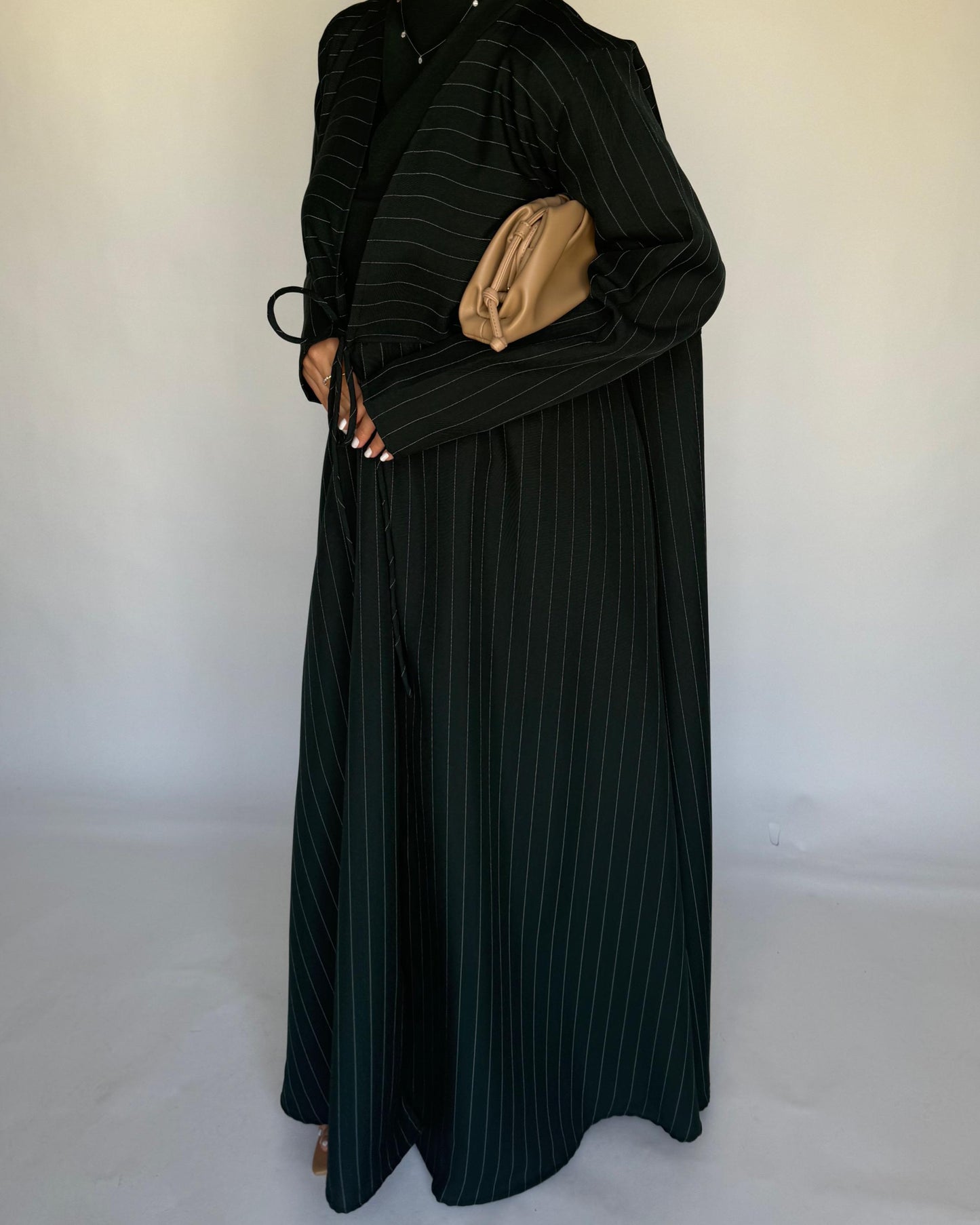 A319 - Striped Forest Green Daily Abaya, Dress & Head Scarf (READY TO SHIP)