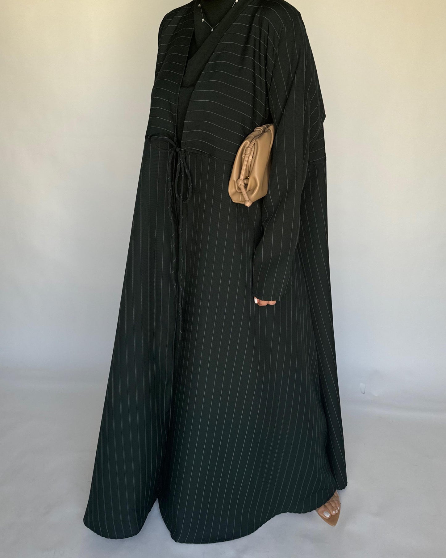 A319 - Striped Forest Green Daily Abaya, Dress & Head Scarf (READY TO SHIP)