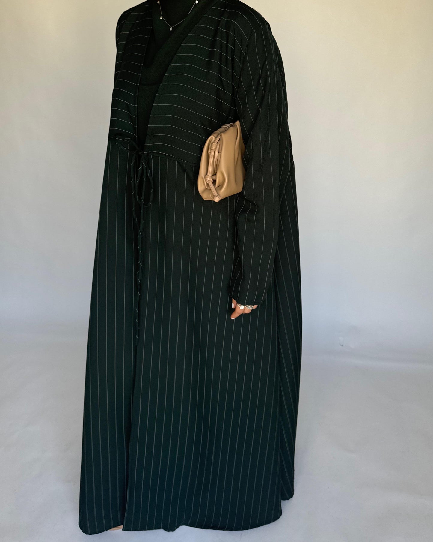 A319 - Striped Forest Green Daily Abaya, Dress & Head Scarf (READY TO SHIP)