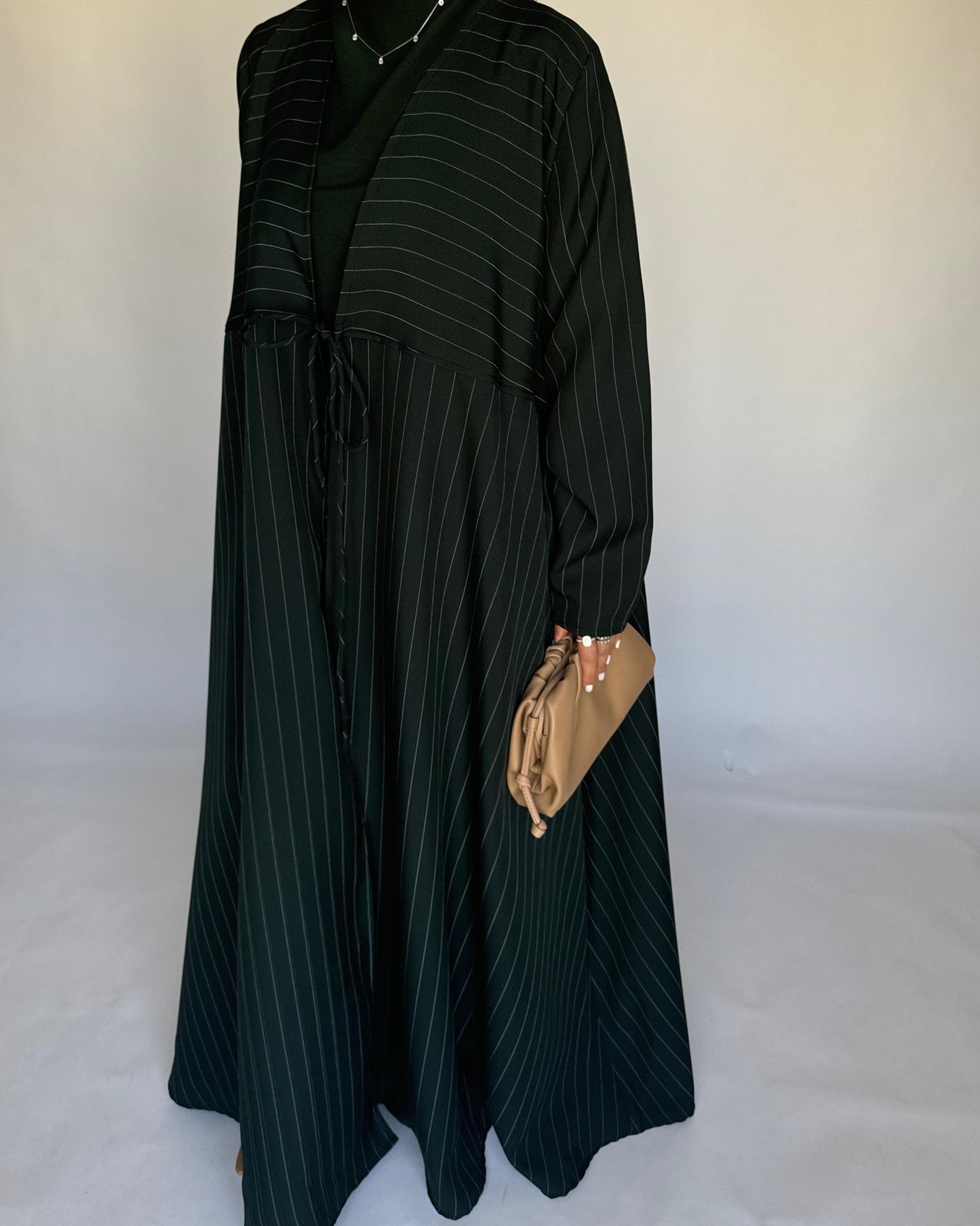 A319 - Striped Forest Green Daily Abaya, Dress & Head Scarf (READY TO SHIP)
