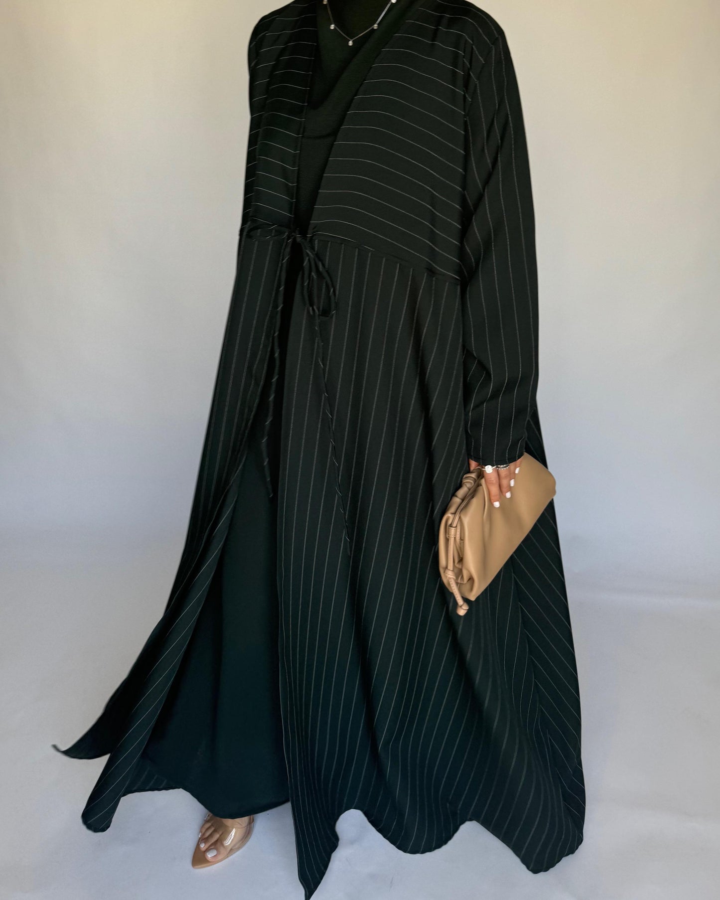 A319 - Striped Forest Green Daily Abaya, Dress & Head Scarf (READY TO SHIP)
