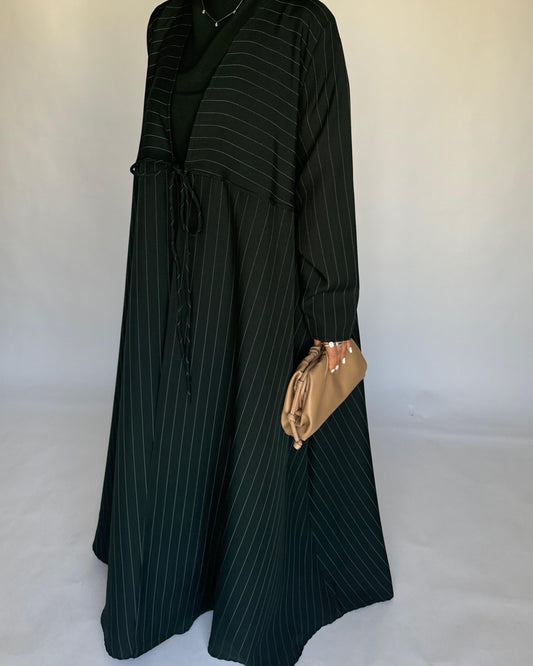 A319 - Striped Forest Green Daily Abaya, Dress & Head Scarf (READY TO SHIP)