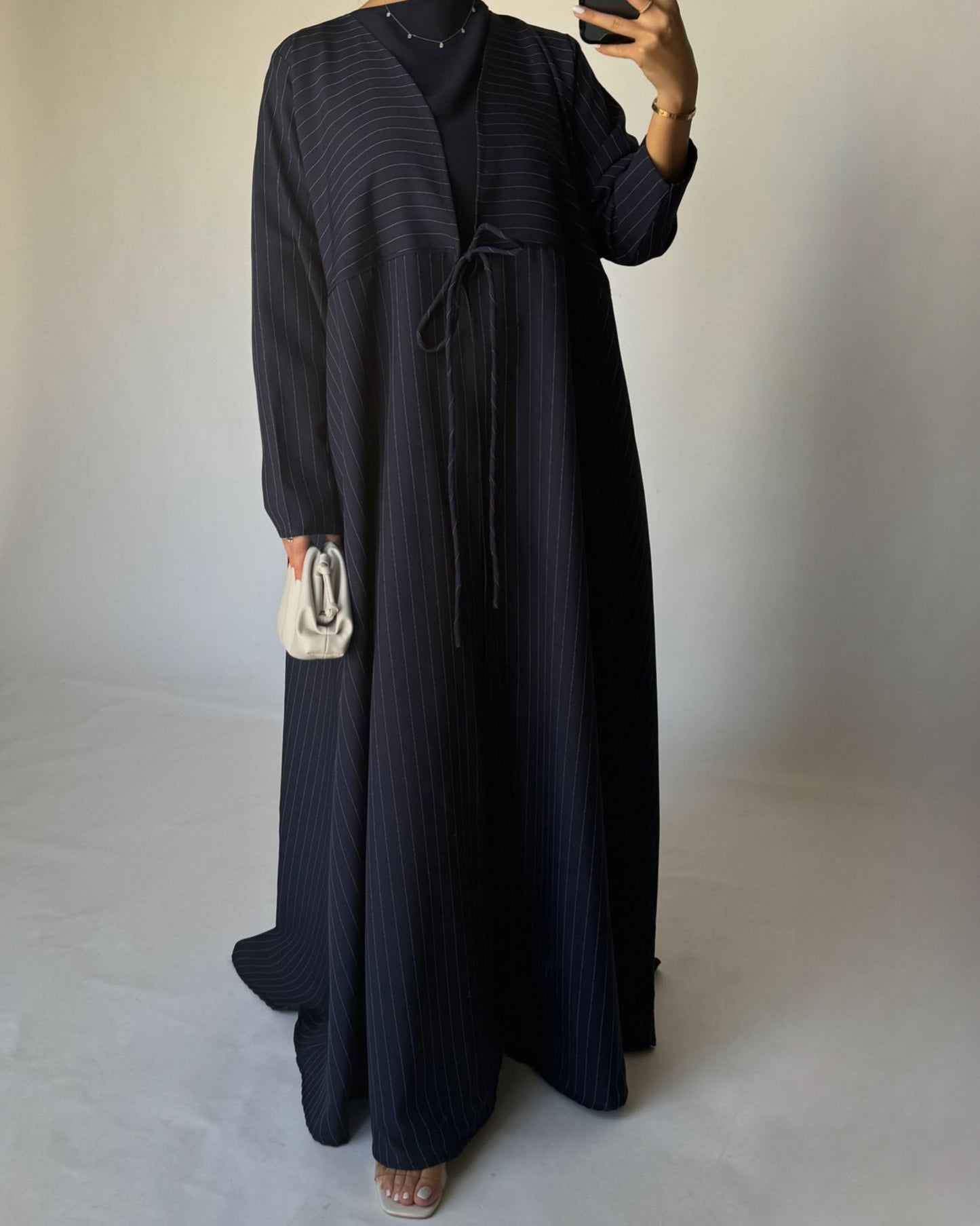 A322 - Striped Navy Blue Daily Abaya, Dress & Head Scarf (READY TO SHIP)