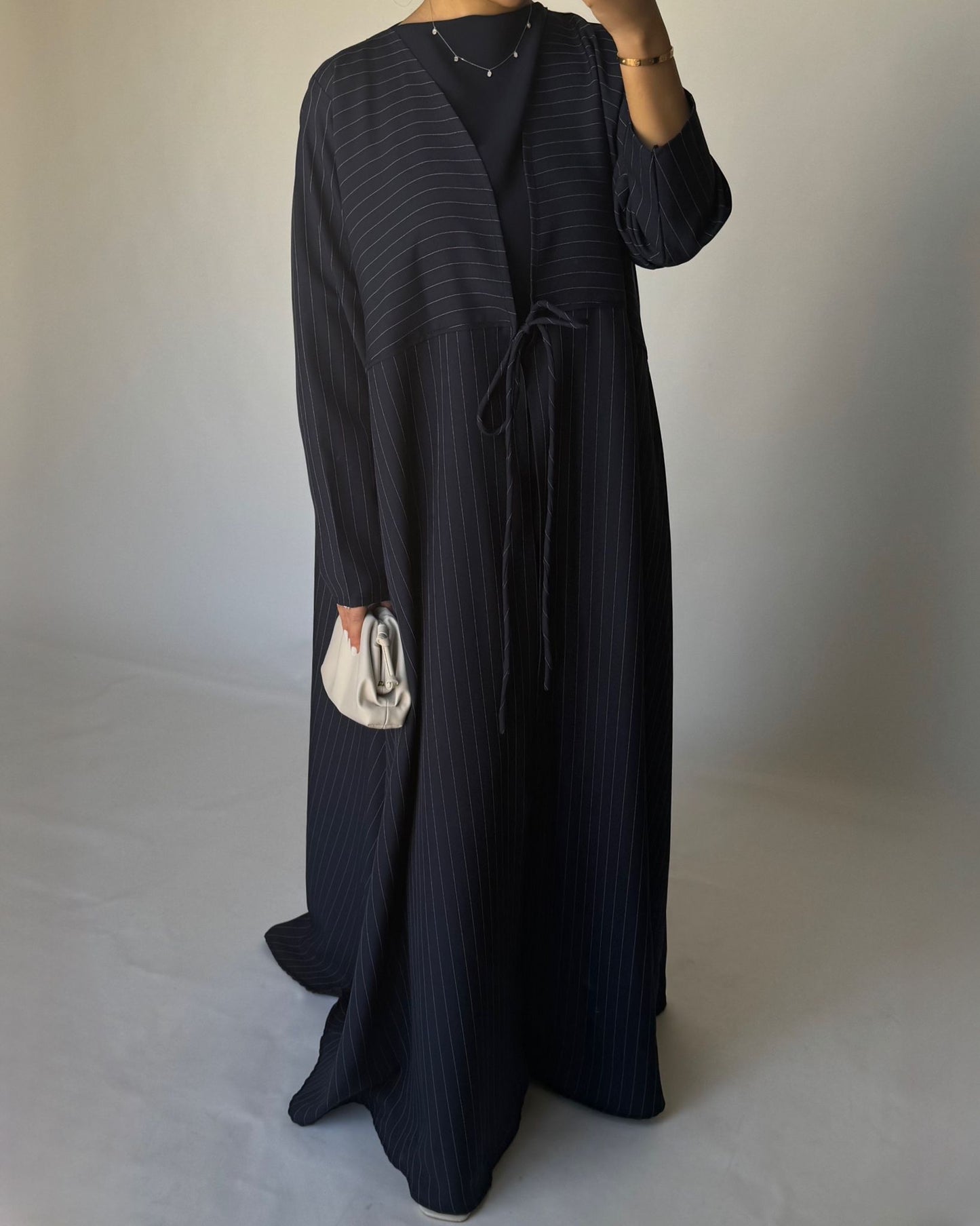 A322 - Striped Navy Blue Daily Abaya, Dress & Head Scarf (READY TO SHIP)