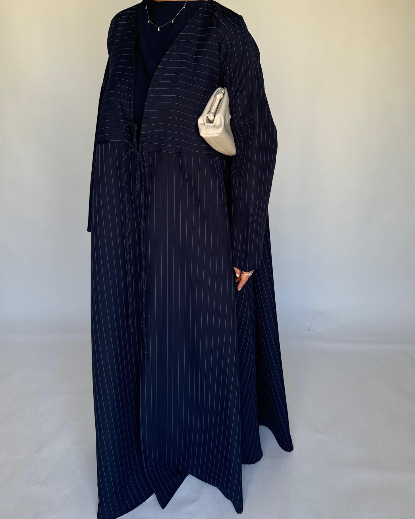 A322 - Striped Navy Blue Daily Abaya, Dress & Head Scarf (READY TO SHIP)