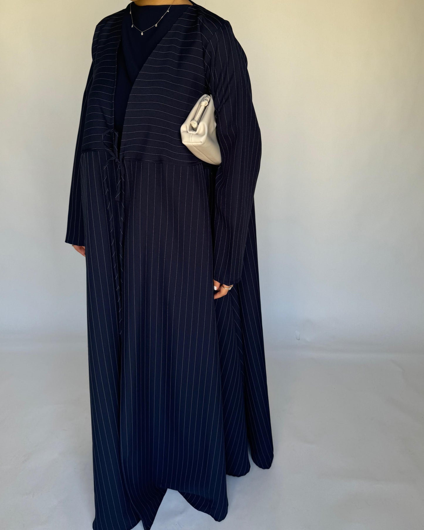 A322 - Striped Navy Blue Daily Abaya, Dress & Head Scarf (READY TO SHIP)