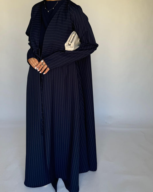 A322 - Striped Navy Blue Daily Abaya, Dress & Head Scarf (READY TO SHIP)