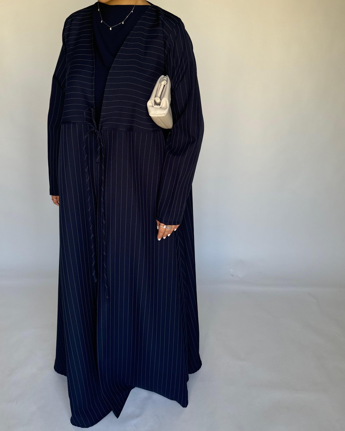 A322 - Striped Navy Blue Daily Abaya, Dress & Head Scarf (READY TO SHIP)