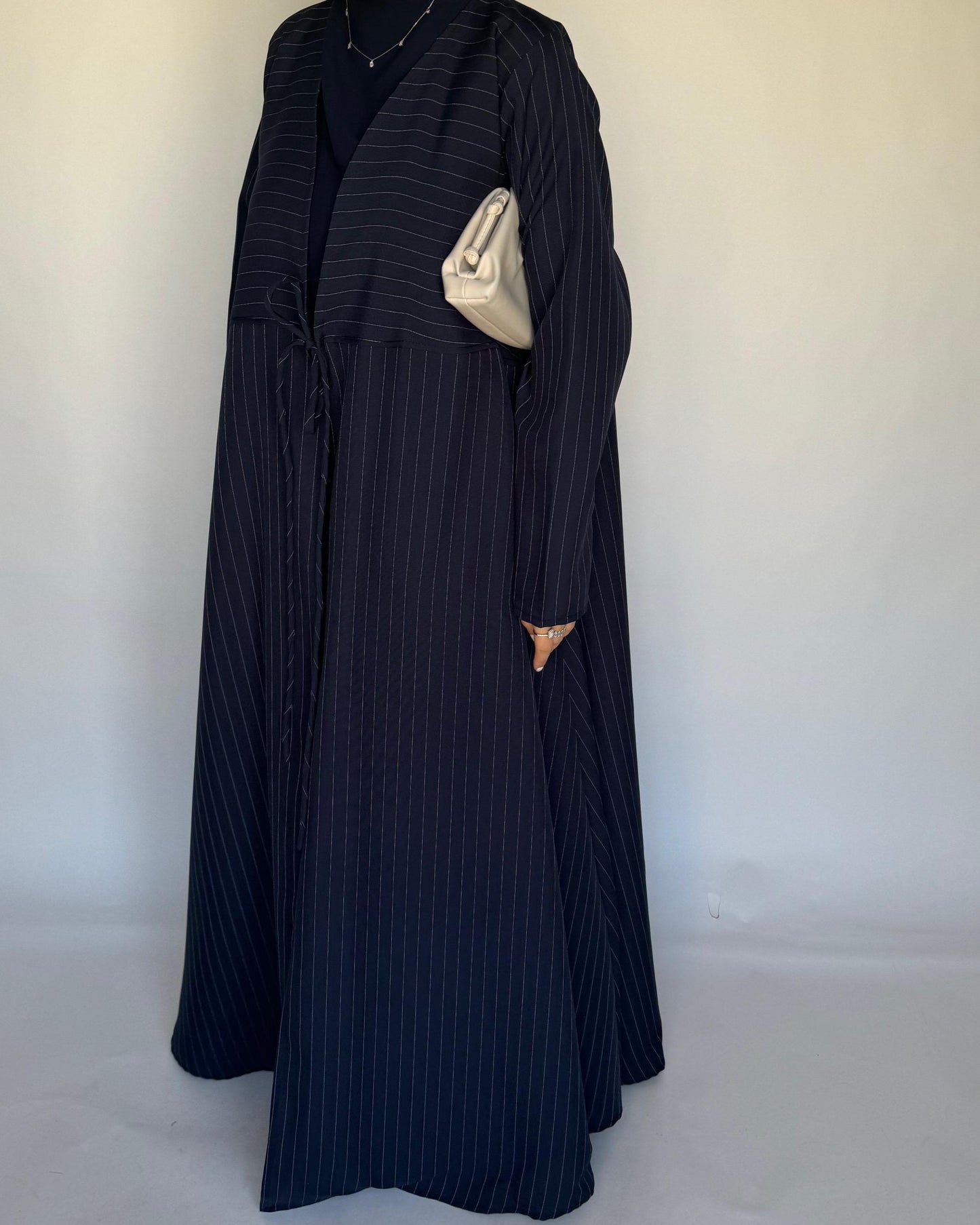 A322 - Striped Navy Blue Daily Abaya, Dress & Head Scarf (READY TO SHIP)