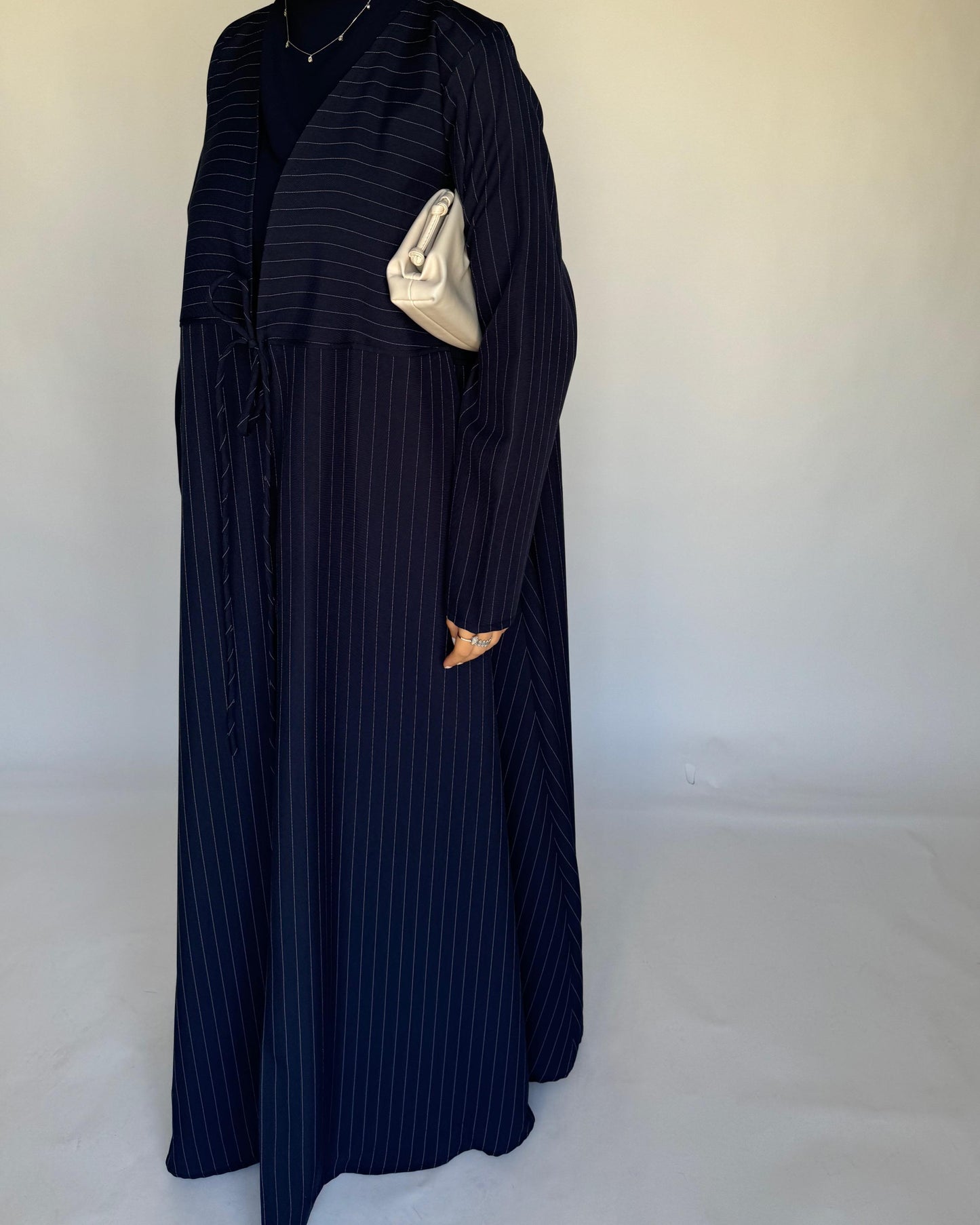 A322 - Striped Navy Blue Daily Abaya, Dress & Head Scarf (READY TO SHIP)