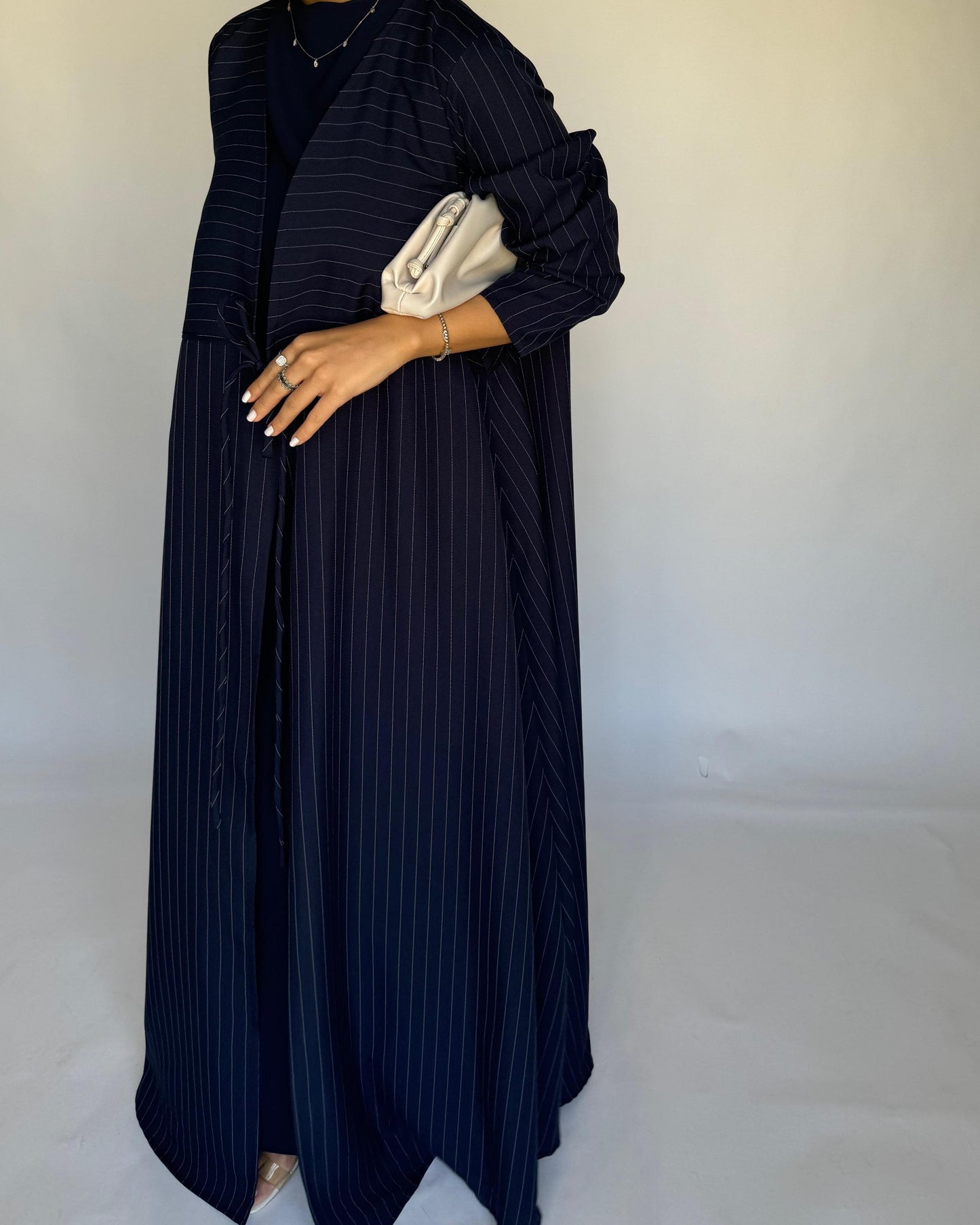 A322 - Striped Navy Blue Daily Abaya, Dress & Head Scarf (READY TO SHIP)