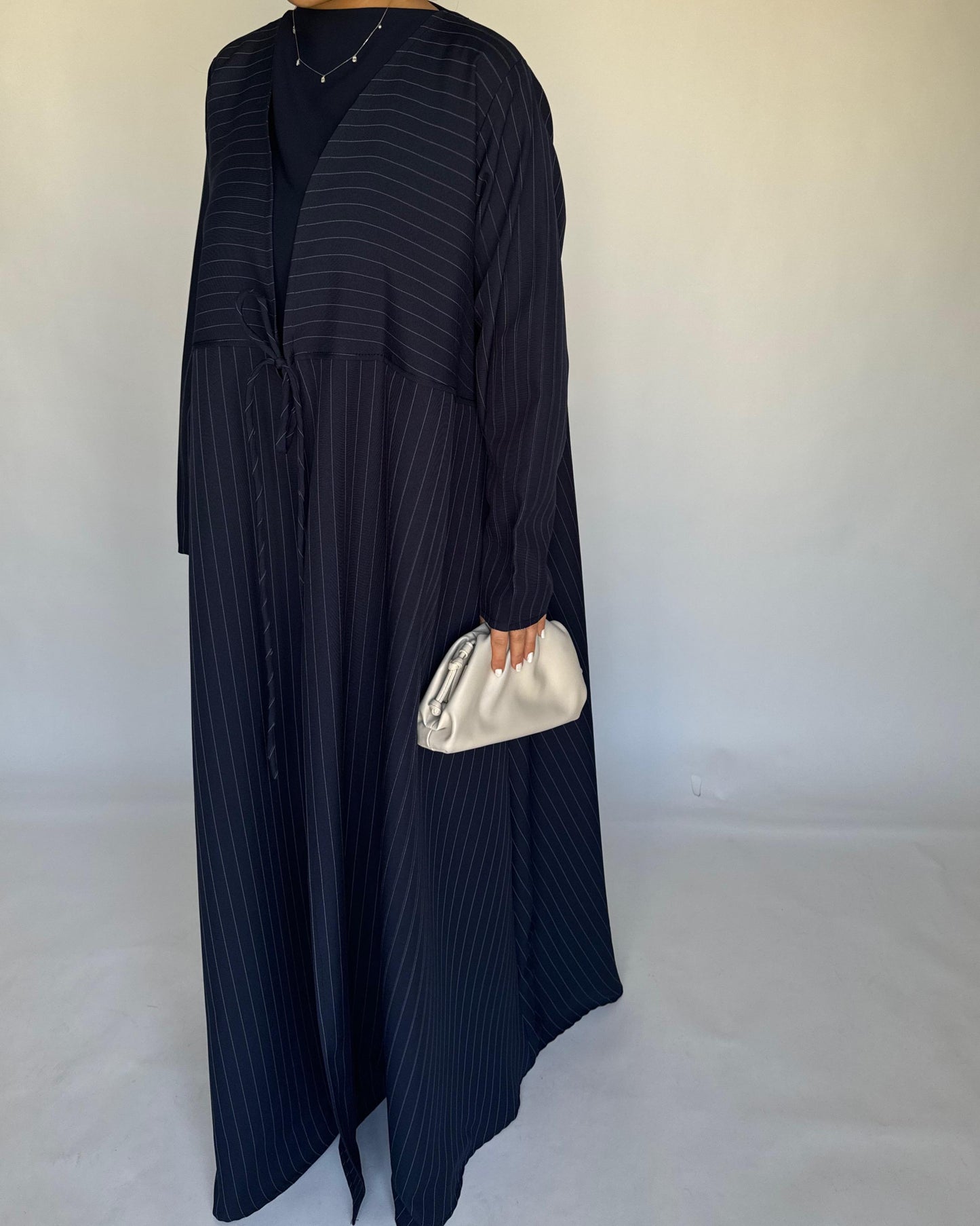 A322 - Striped Navy Blue Daily Abaya, Dress & Head Scarf (READY TO SHIP)