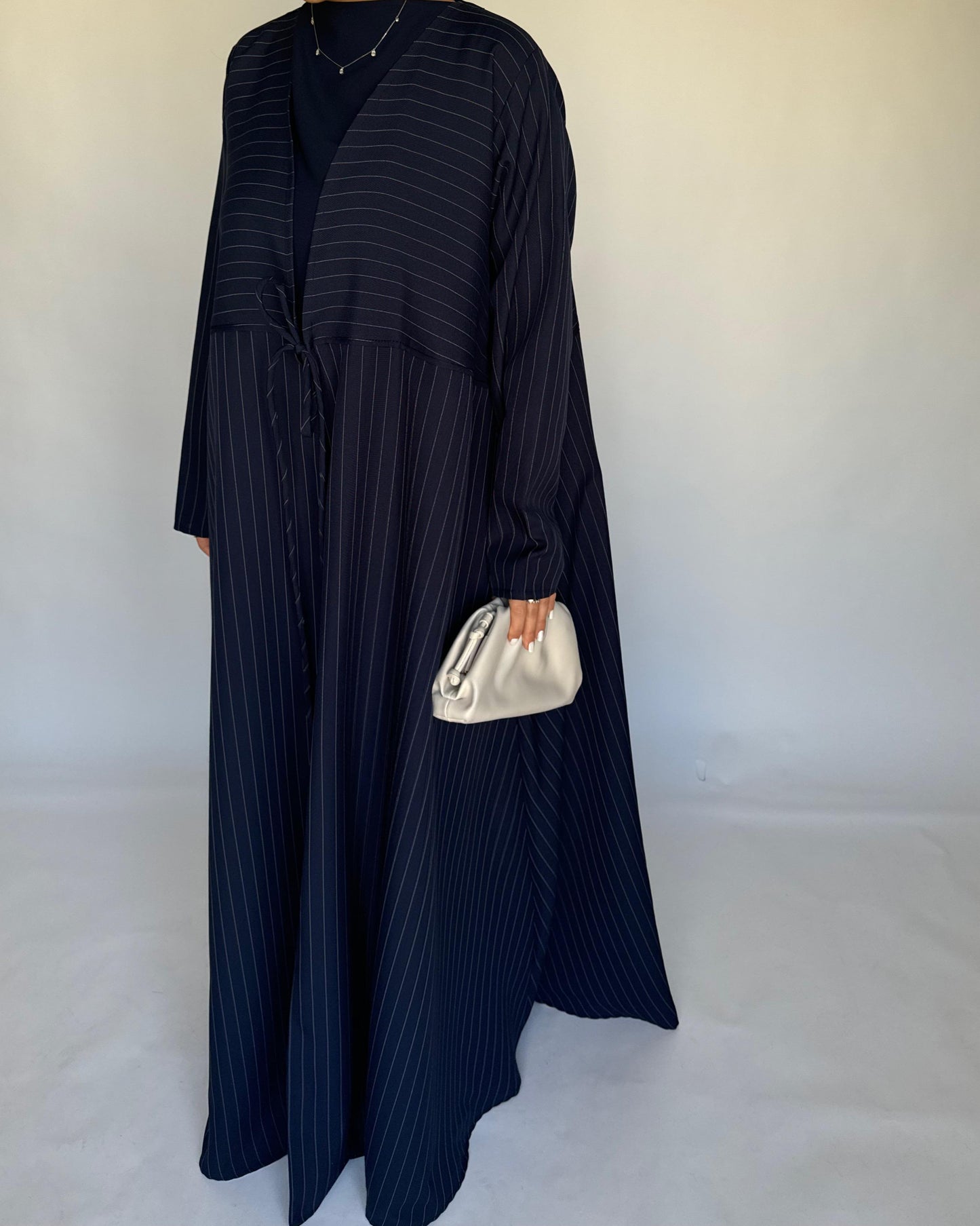 A322 - Striped Navy Blue Daily Abaya, Dress & Head Scarf (READY TO SHIP)