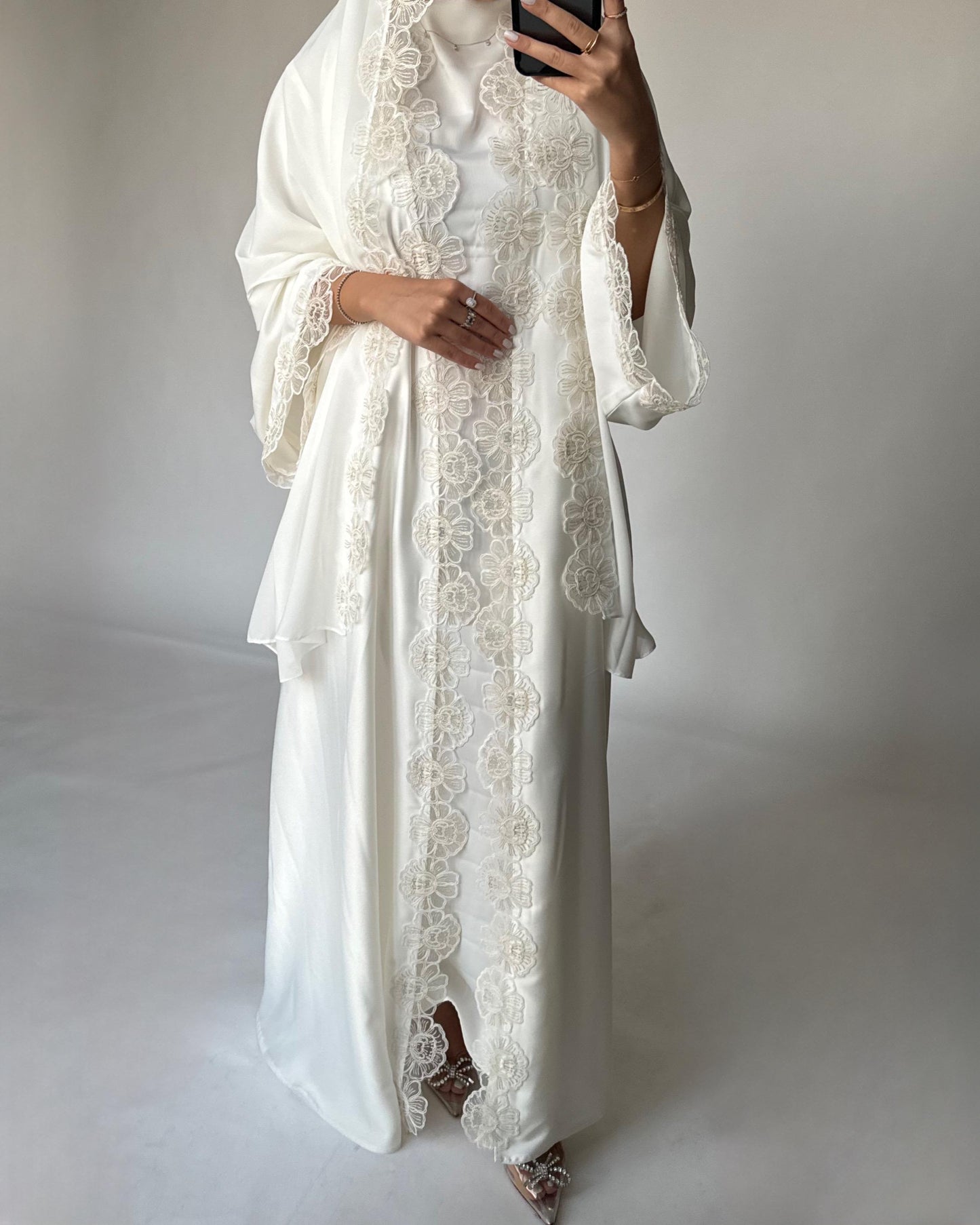 A325 - Off-white Lace A-Cut Abaya, Matching Dress & Head Scarf (READY TO SHIP)