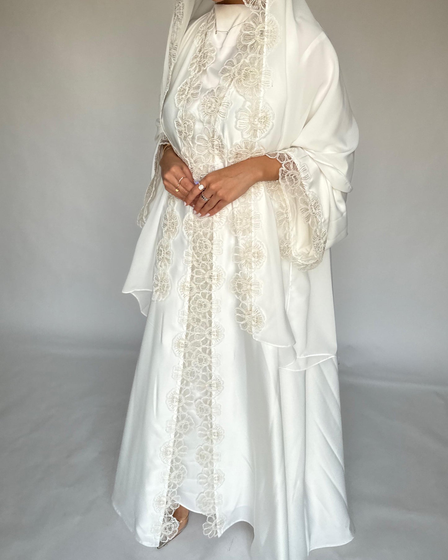 A325 - Off-white Lace A-Cut Abaya, Matching Dress & Head Scarf (READY TO SHIP)