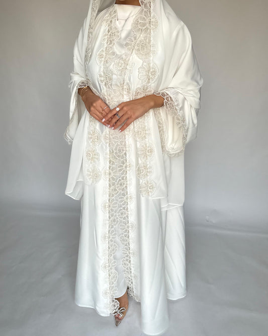 A325 - Off-white Lace A-Cut Abaya, Matching Dress & Head Scarf (READY TO SHIP)