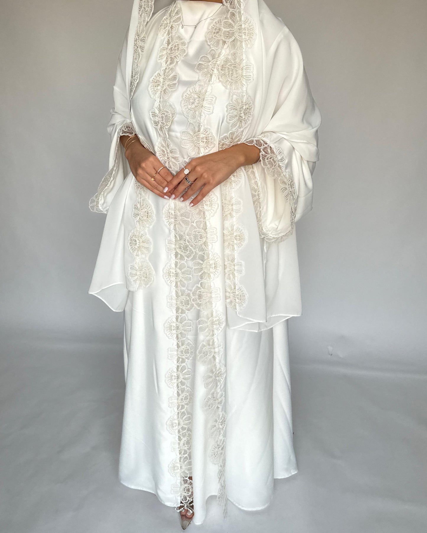 A325 - Off-white Lace A-Cut Abaya, Matching Dress & Head Scarf (READY TO SHIP)