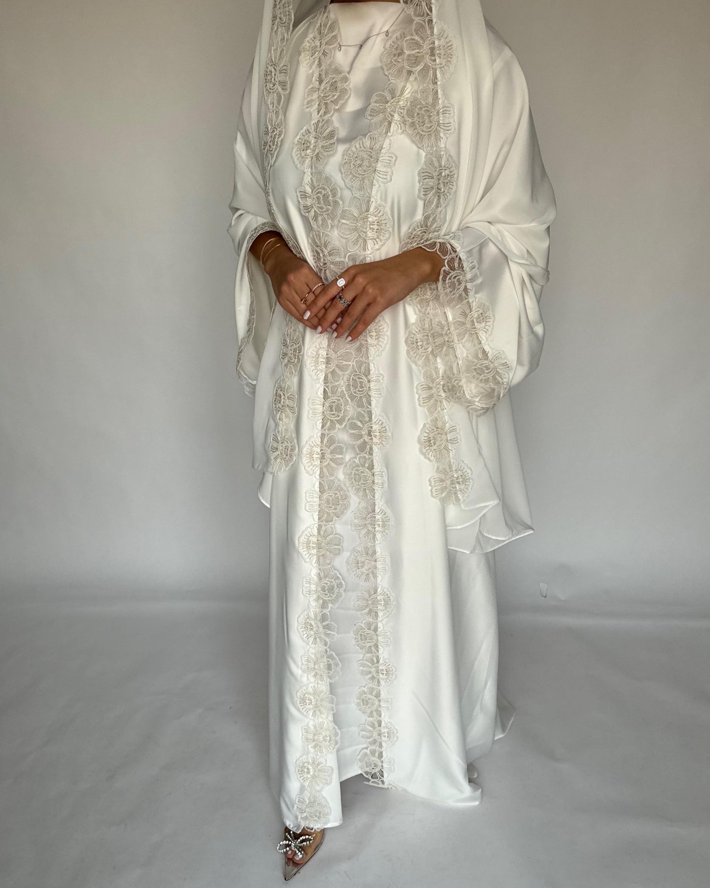 A325 - Off-white Lace A-Cut Abaya, Matching Dress & Head Scarf (READY TO SHIP)
