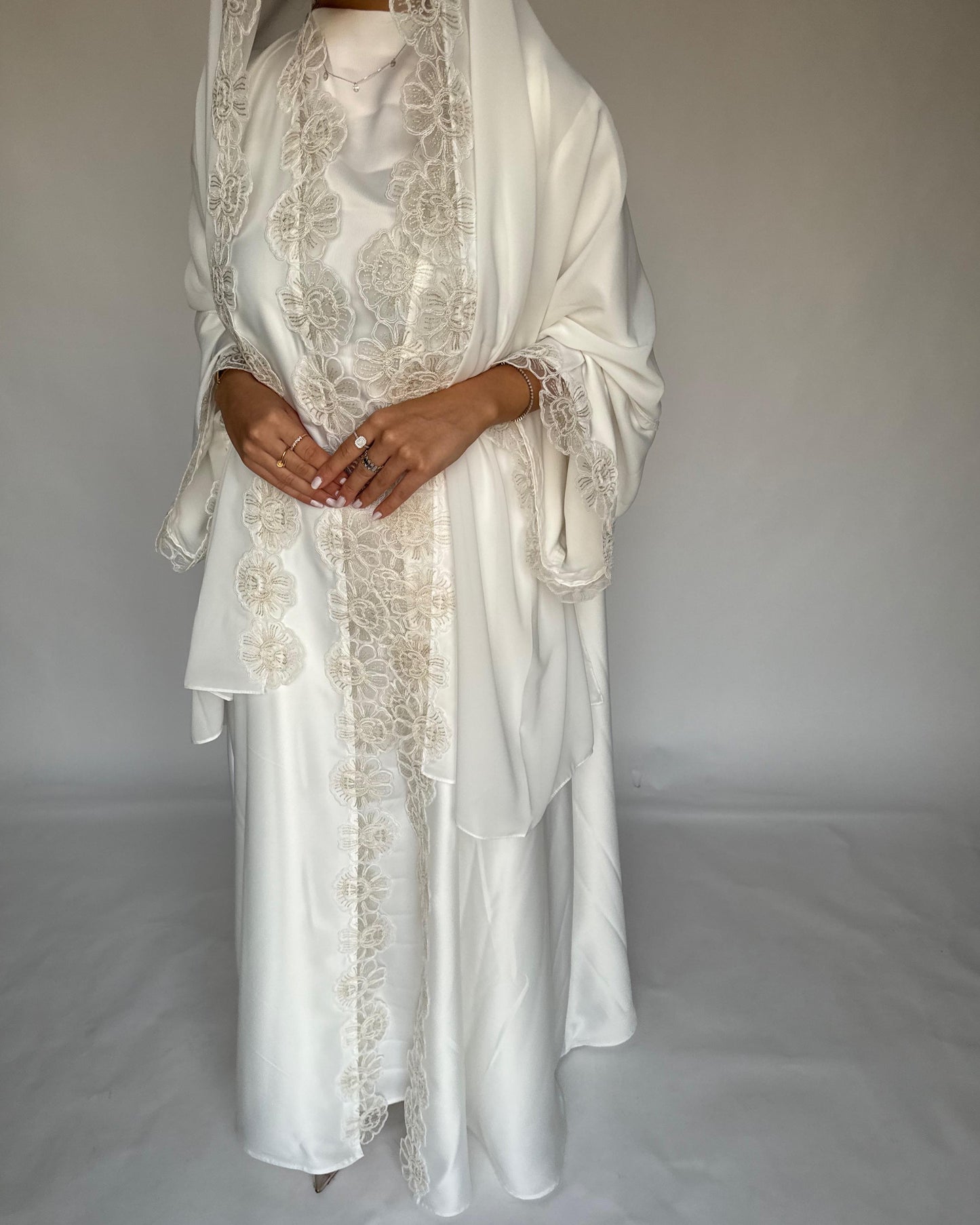 A325 - Off-white Lace A-Cut Abaya, Matching Dress & Head Scarf (READY TO SHIP)