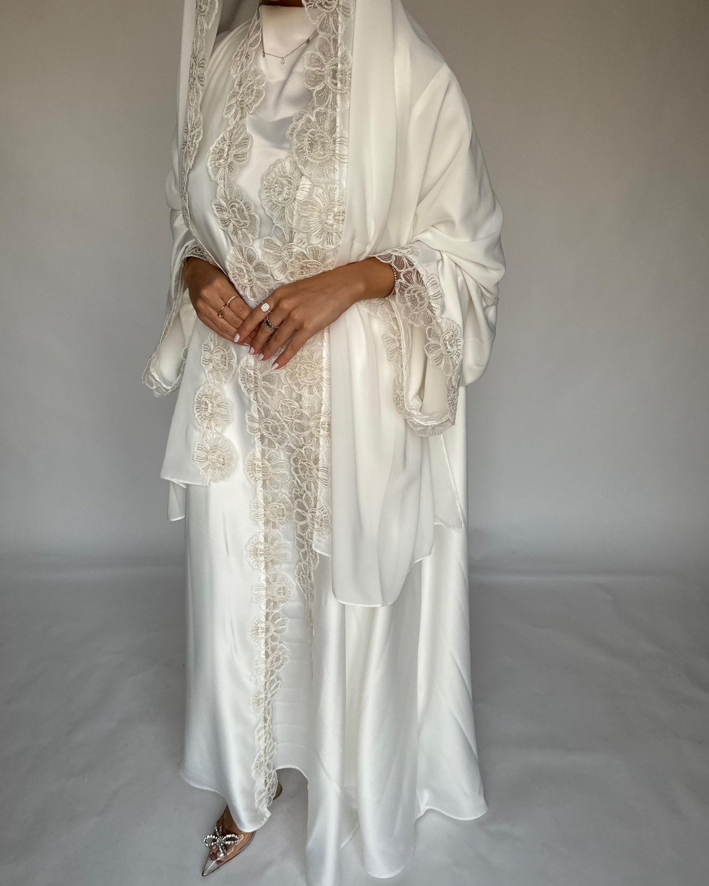 A325 - Off-white Lace A-Cut Abaya, Matching Dress & Head Scarf (READY TO SHIP)