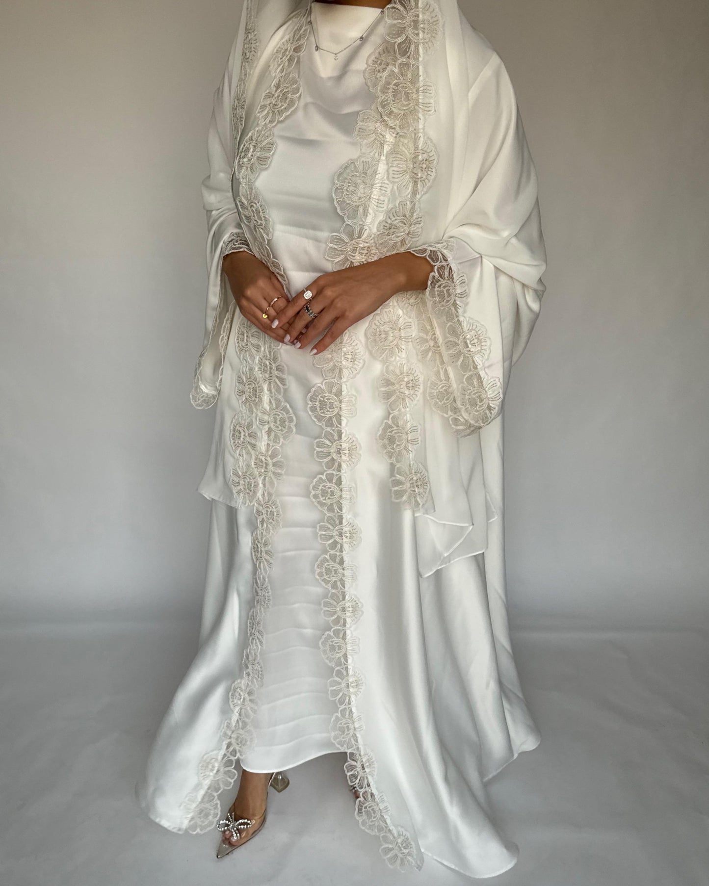 A325 - Off-white Lace A-Cut Abaya, Matching Dress & Head Scarf (READY TO SHIP)