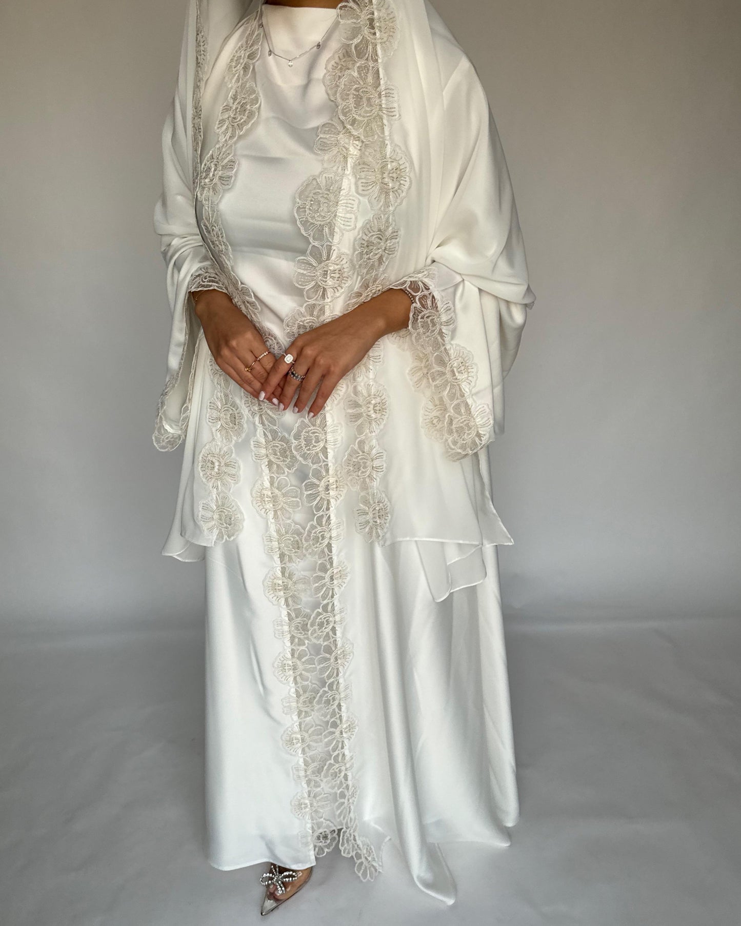 A325 - Off-white Lace A-Cut Abaya, Matching Dress & Head Scarf (READY TO SHIP)