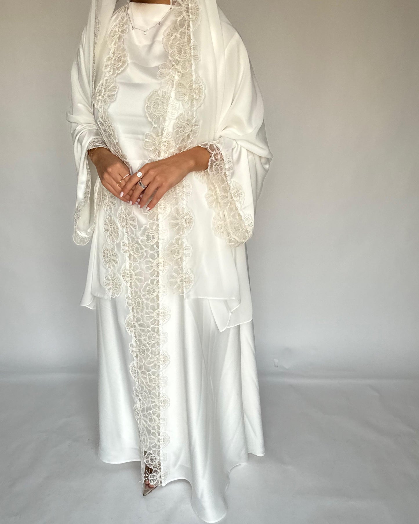 A325 - Off-white Lace A-Cut Abaya, Matching Dress & Head Scarf (READY TO SHIP)