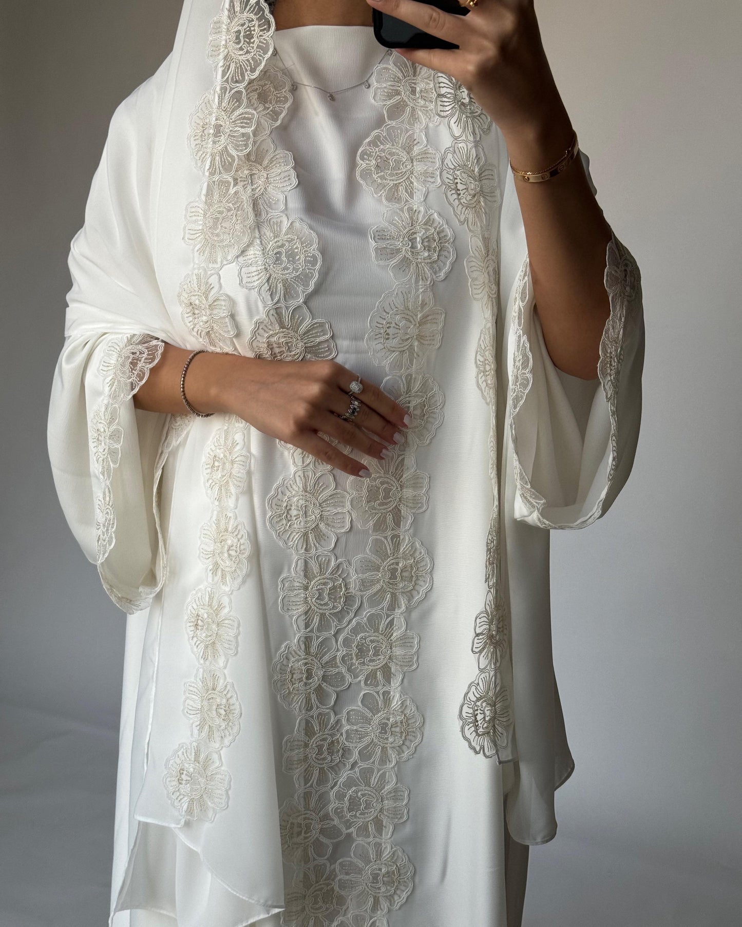 A325 - Off-white Lace A-Cut Abaya, Matching Dress & Head Scarf (READY TO SHIP)